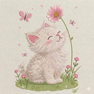 Puede incluir: Diseño bordado de un gatito blanco y esponjoso con orejas y mejillas rosas, oliendo una margarita rosa. Mariposas y corazones rosas flotan alrededor del gatito, que está sentado en hierba verde con flores rosas.