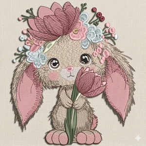 Niedliche Osterhase Stickdatei, Blumen Hase Frühling Ostern Maschinenstickerei, Instant Download, 5 Größen