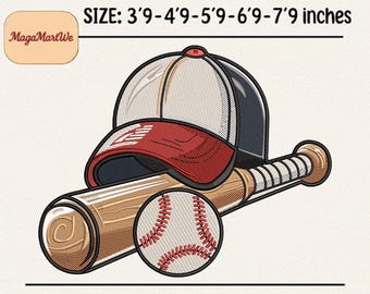 Baseball Cap Bat Ball Embroidery Design, Sports Embroidery Pattern, Baseball Logo Patch  , 5 sizes, Instant Download