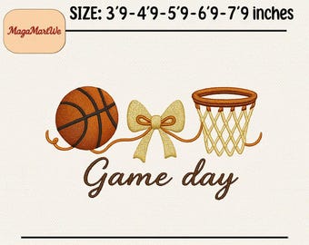 Game Day Basketball Embroidery Design, Basketball Bow Stitch, Sports Embroidery File, Cute Game Day Design, 5 Size, Instant Download Dst Pe