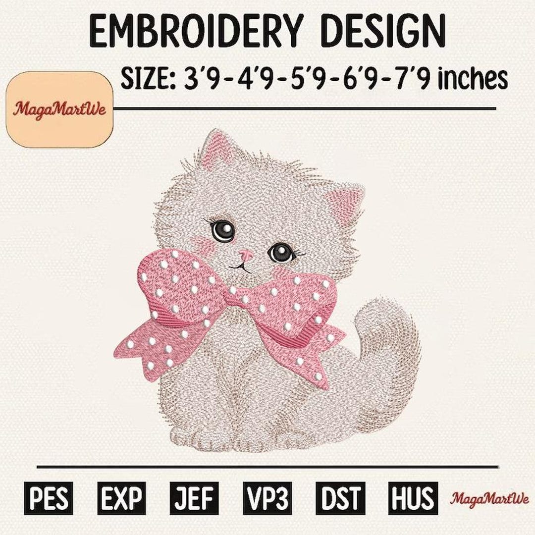 Cute Kitten Embroidery Design With Pink Bow, Baby Girl Cat Machine ...