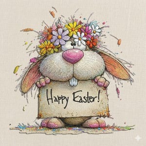 May include: A whimsical illustration of a bunny holding a sign that reads "Happy Easter!". The bunny has a pink nose, a floral crown, and is surrounded by colorful confetti. The artwork has a textured, hand-drawn appearance.