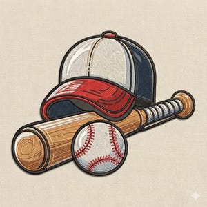 May include: An embroidered baseball-themed design featuring a baseball cap with a red bill, a wooden baseball bat, and a baseball with red stitching. The cap is white, navy blue, and red. The bat is light brown, and the baseball is white.