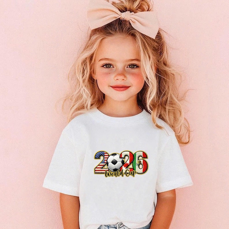 May include: A young girl wearing a white t-shirt with a soccer ball graphic. The graphic includes the text "2026 World Cup" with the numbers incorporating the American and Mexican flags. A large bow sits atop her head.