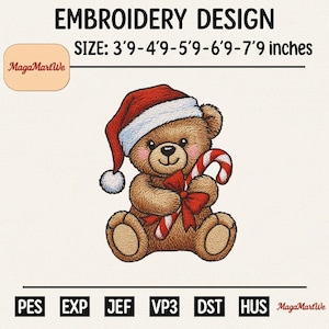 May include: Embroidery design featuring a brown teddy bear wearing a Santa hat and holding a candy cane. The bear has a red bow and is sitting. The text "EMBROIDERY DESIGN" and "SIZE: 3'9-4'9-5'9-6'9-7'9 inches" are at the top.
