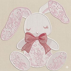 Disegno da ricamo a macchina di un coniglietto vintage con fiocco rosa, elegante file da ricamo a macchina di un coniglietto, download immediato, 5 misure