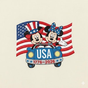 Mickey and Minnie USA Car Embroidery Design, 4th of July Machine Embroidery Pattern, American Flag, 5 sizes, Instant Download