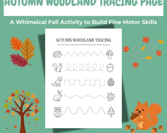 Autumn Woodland Tracing Worksheet | Fall Fine Motor Printable for Kids | Whimsical Preschool Activity Page