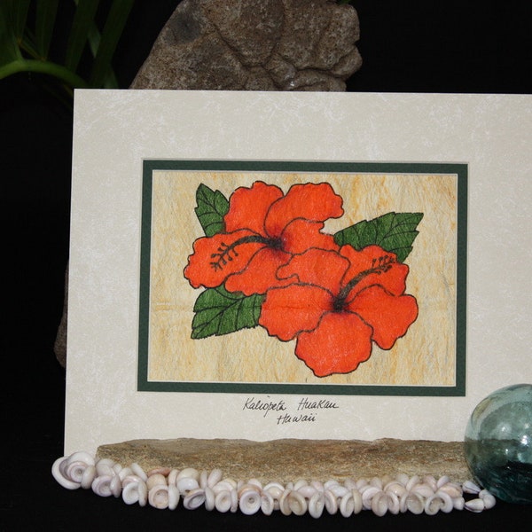 Orange Hibiscus Flowers Tapa Cloth Hawaiian - 10 X 8 Painting