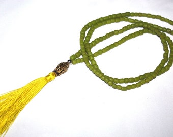 Tassel Necklace Green Glass Beads Buddha Silver Tone Jewelry | #cik3606g
