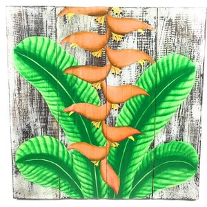 Heliconia Flower Painting on Wood Planks 16&quot; X 16&quot; Rustic Wall Decor | #zon04j