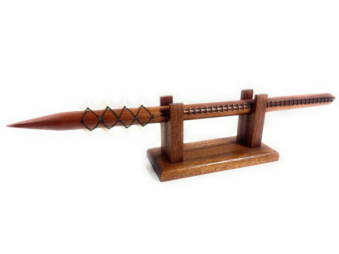 Koa Spear on Stand 24 Inch With Shark Teeth Custom Etching Etsy