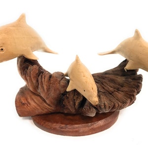 Set of 3 Dolphins on Driftwood Base 7&quot; X 7&quot; - Carved | #non06