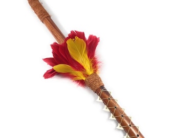 Koa Spear 32" w/ 10 Shark Teeth - Red/Yellow Feathers | #koa888F