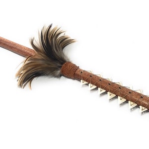 Hawaiian Koa Spear 60&quot; w/ 16 Shark Teeth & Brown Feathers | #koa37b