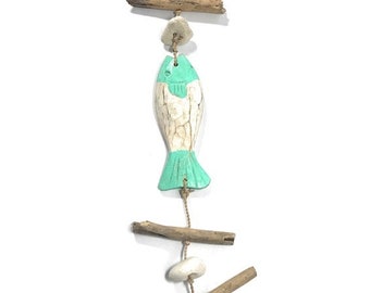 Driftwood Garland Fish w/ White Stone 40" Turquoise - Cottage Accents | #lis31007100