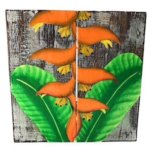 Heliconia Flower Painting on Wood Planks 8&quot; X 8&quot; Rustic Wall Decor | #zon01k