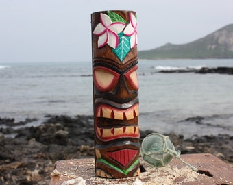 Tiki Totem 10" w/ Plumeria Flowers - Hand Carved | #dpt535825a