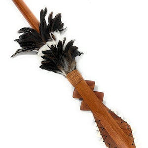 Thick King Kamehameha Koa Spear 60 inch w/ 14 Shark Teeth & Triple Layer Black Feathers | #koakkmh8