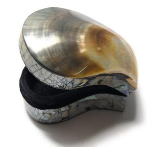 May include: A small, teardrop-shaped trinket box featuring a smooth, iridescent shell lid with brown and gray tones. The sides of the box are decorated with a mosaic of white and gray shell fragments, and the interior is lined with black velvet.