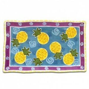 May include: A rectangular serving tray with a blue background and a border of yellow, purple, and white. The tray is decorated with a pattern of pineapples in yellow, green, and white.