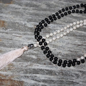 Tassel Necklace Black/White Beads Buddha Silver Tone Jewelry | #cik3604bw