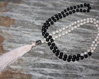 Tassel Necklace Black/White Beads Buddha Silver Tone Jewelry | #cik3604bw