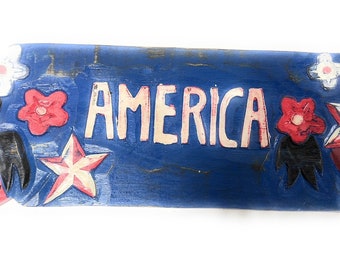 Americana Sign America Aloha Style - Hand Carved 12" Texas | #dpt530530