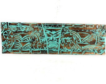 Big Kahuna Tiki Relief, Tiki Beach Wood Panel 40 inch X 12 inch - Polynesian Wall Art | #dpt5031100tl