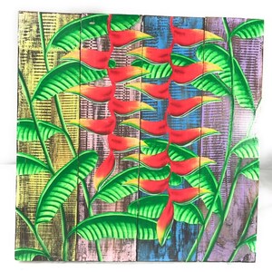 Heliconia Flower Painting on Wood Planks 16&quot; X 16&quot; Rustic Wall Decor | #zon04d