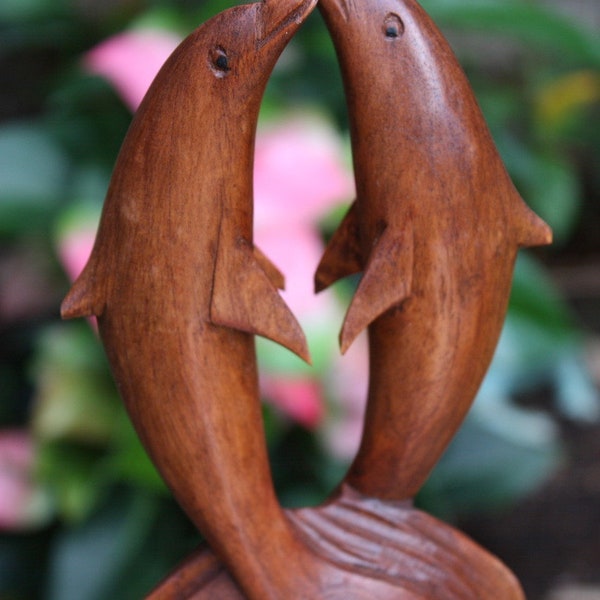 Kissing Dolphins Jumping 8" Stained - Hand Carved | #dag0220