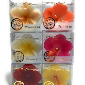 May include: Four small boxes with clear lids, each containing a wax flower candle. The candles are in the shapes of hibiscus and plumeria flowers. The boxes are labeled "Forever Florals Hawaii" and "Aloha from Hawaii".