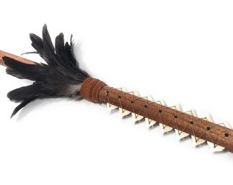 Hawaiian Koa Spear 60" w/ 16 Shark Teeth & Black Feathers | #koa37e