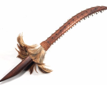 Hawaiian Koa Sword 25" Brown Feathers w/ 26 Shark Teeth - | #koa4157