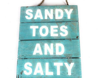 Sandy Toes And Salty Kisses Beach Sign on Wood Planks 12" X 8" | #nik3204
