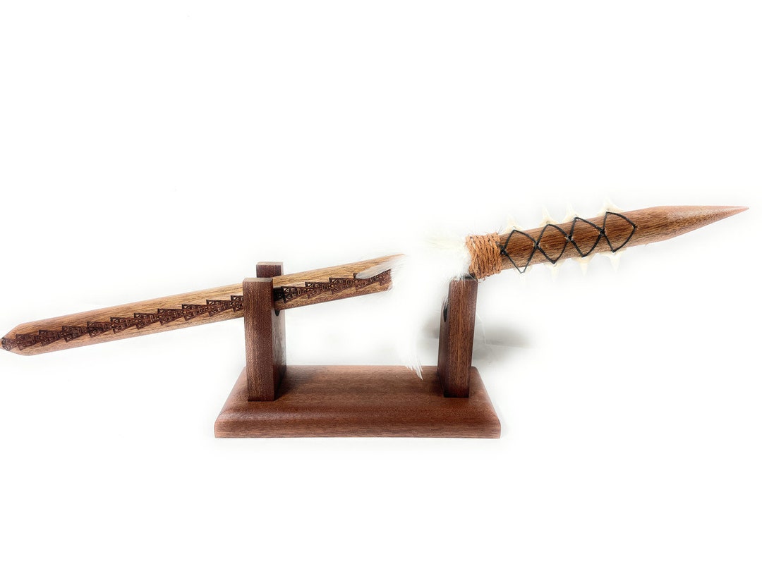 Koa Spear on Stand 24 Inch With Teeth and White Feathers Etsy