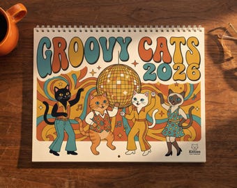 2026 Retro Cat Wall Calendar, Groovy 70s Art, Funny Gift, Disco Decor, Monthly Planner