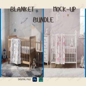 Può includere: Un pacchetto di file digitali con due mockup di culle. Uno mostra una culla in legno con una coperta a tema orsetti, l'altro una culla bianca con una coperta a tema unicorno rosa. Il testo "BLANKET BUNDLE" e "MOCK-UP" sono visibili.