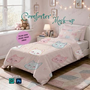 May include: A pink comforter and pillow set with a repeating pattern of smiling cat faces in pink, blue, and white. The words "Comforter Mock-up" are written in a script font. The words "Pillow Cover Colour/Design Change" are also visible.