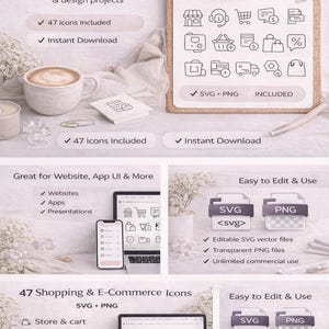 May include: A promotional image showcasing e-commerce icons for websites and apps. The image includes a clipboard with 47 shopping icons, a laptop, and a smartphone displaying the icons. The text highlights features like SVG and PNG files.