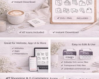 47 Shopping and E-Commerce Line Icons | Store, Cart, Payment, Discount Icons | SVG PNG | Website & App UI Icons