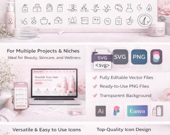 May include: A digital download graphic set featuring 47 modern hair care line icons in SVG and PNG file formats. The image showcases various icons related to hair care, along with examples of how they can be used in digital projects. The icons are versatile and easy to use.