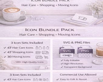 Icon Bundle Pack | 120+ Minimal Line Icons | Hair Care, Shopping & Moving Icons | SVG PNG UI Icons | Commercial Use