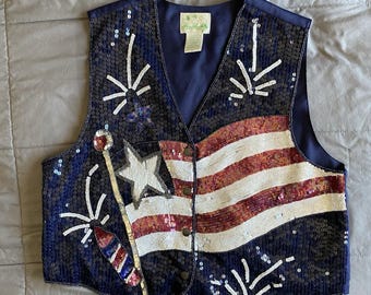 Pull à Manches Longues Quacker Factory Séquins Drapeau USA – Taille XL – Neuf Avec étiquettes