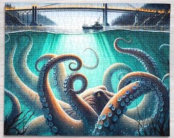May include: A colorful jigsaw puzzle featuring a large octopus with tentacles reaching up towards a bridge. The octopus is brown and has blue suckers. The bridge is in the background and is a light brown color. The water is a turquoise color and there is a light shining down from above.