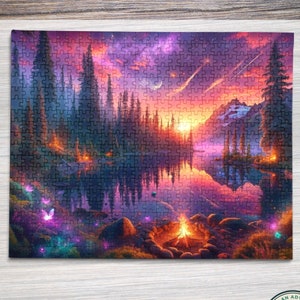 May include: A digital art print of a fantasy landscape with a lake, mountains, and a forest. The sky is a vibrant purple and pink with shooting stars. A campfire is burning in the foreground, and there are glowing butterflies flying around.