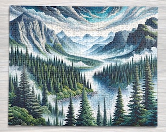 May include: A jigsaw puzzle depicting a mountain landscape with a lake and forest in the foreground. The sky is blue with white clouds. The puzzle is titled "Life's an Adventure" and is by Pacific Northwest Designs.