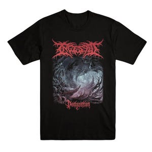 May include: A black short-sleeve t-shirt featuring a graphic print with the red text Ingested at the top and Denigration at the bottom. The central illustration depicts a dark, swirling, abstract landscape with shadowy, organic, and thorny forms.