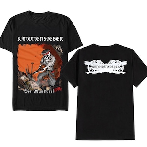 May include: Black t-shirts with a graphic design. The front of the shirt features a skull-faced figure in a military uniform with the text "KANONENSIEBEL" and "Der Maulwurf". The back of the shirt has the text "KANONENSIEBEL" in a white design.