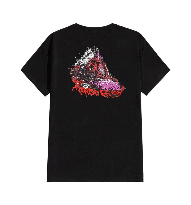 May include: Black t-shirt featuring a graphic design on the back. The design is a mix of red, pink, and white, depicting a creature with the text "TORSO REIFLE" in red. The shirt has short sleeves and a crew neck.